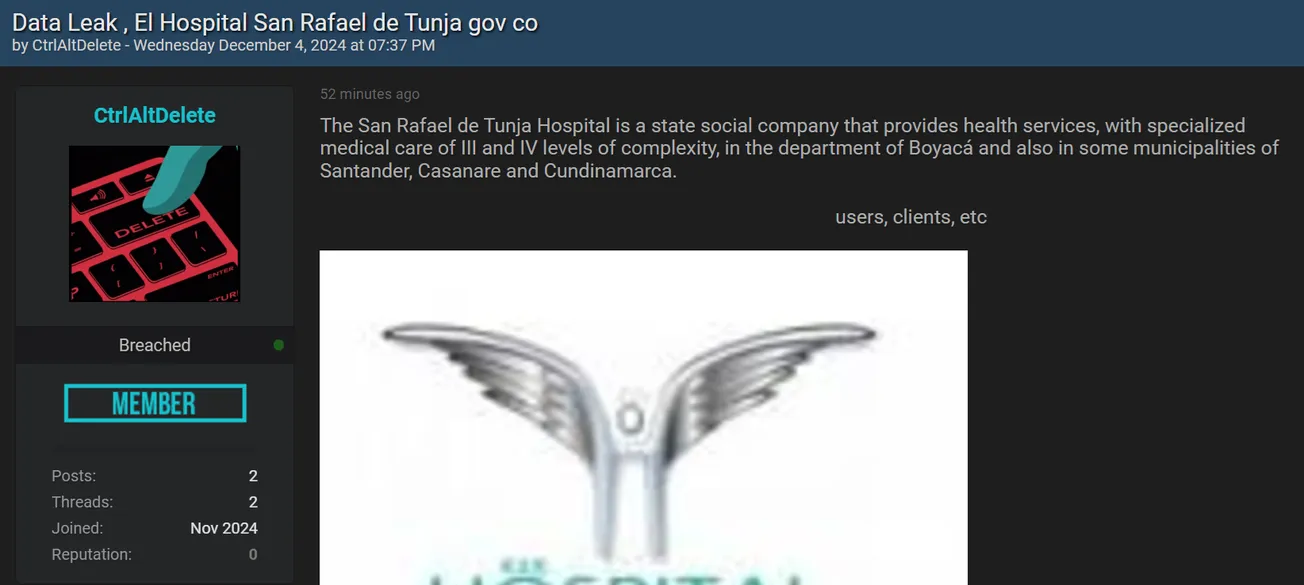 A Threat Actor Claims to have Leaked the Data of San Rafael de Tunja Hospital