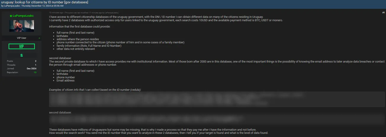 A Threat Actor Claims to be Selling Citizens Data from Uruguay