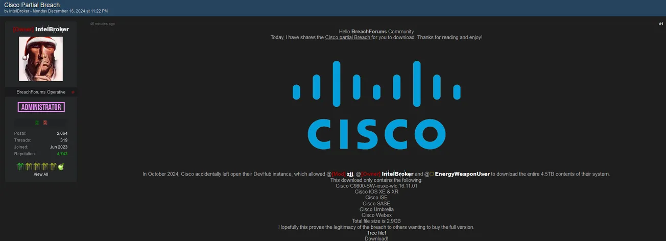 IntelBroker Has Claimed to Leak Partial Data of Cisco