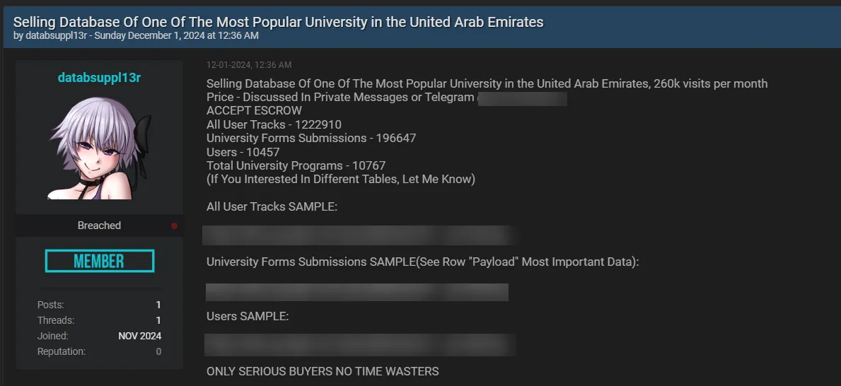 A Threat Actor Claims to be Selling the Data of an Unidentified University in UAE