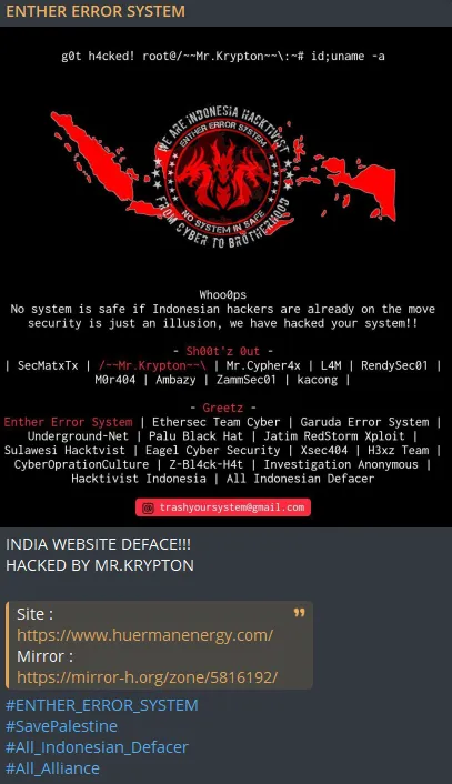 ENTHER EROR SYSTEM Defaced the Website of Huerman Energy