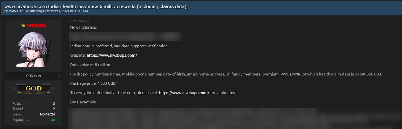 A Threat Actor Claims to be Selling the Data of Niva Bupa Health Insurance