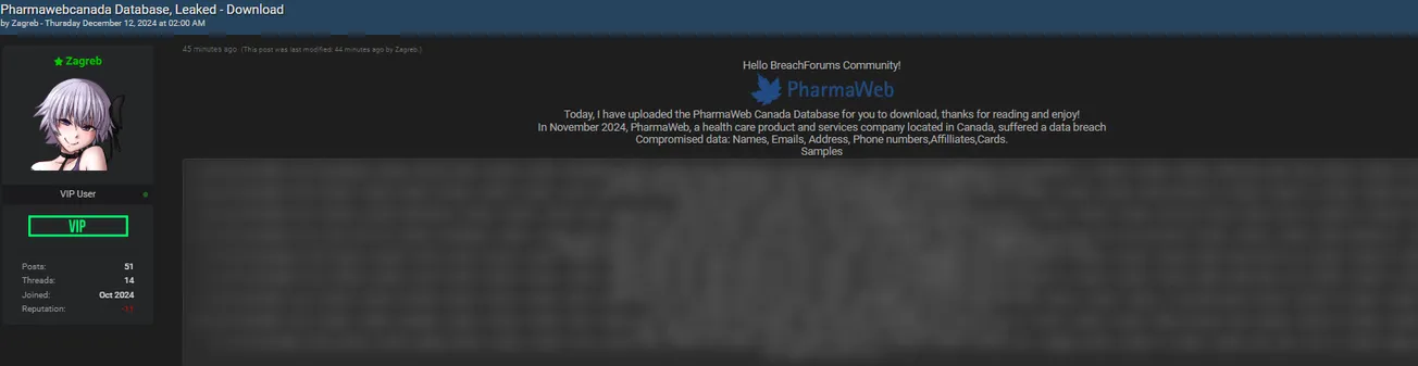A Threat Actor Claims to have Leaked the Data from PharmaWebCanada