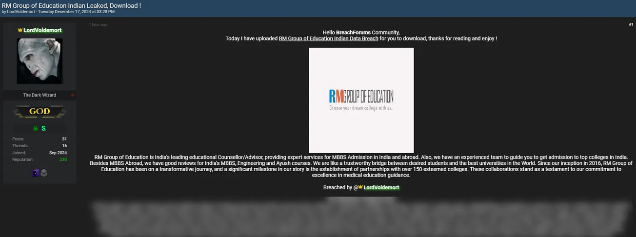 LordVoldemort Claims to have Leaked the Data of RM Group of Education