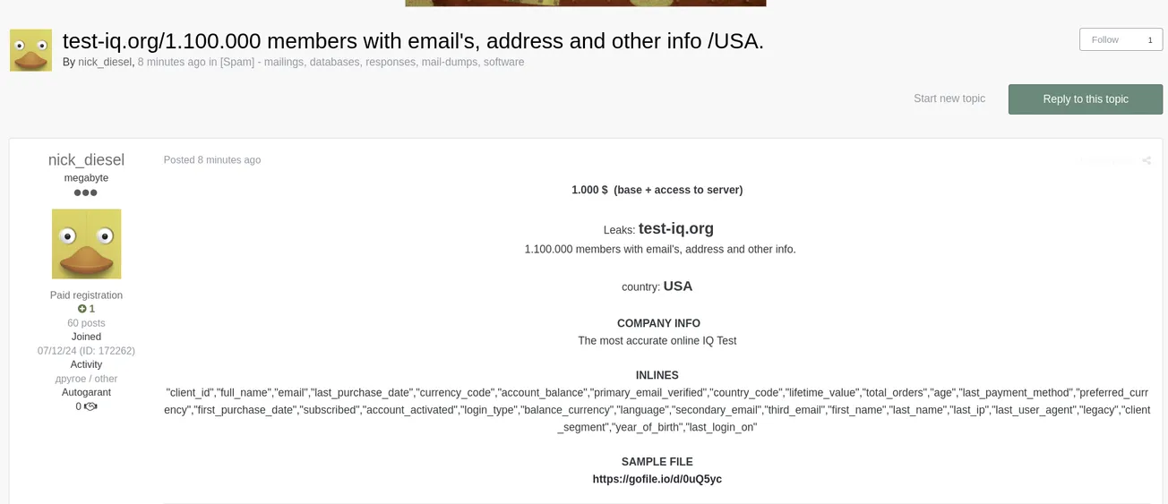 nick_diesel Claims to be Selling the Access and Data of BMI Certified IQ Test