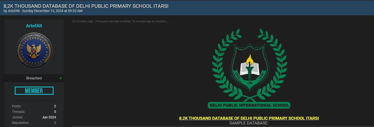 A Threat Actor Allegedly Leaked the Data of DELHI PUBLIC PRIMARY SCHOOL ITARSI