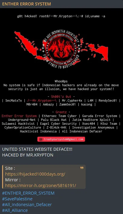 ENTHER EROR SYSTEM Defaced the Website of Hijacked 1000 Days