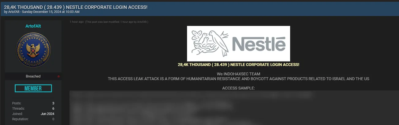 A Threat Actor Claims to have Leaked Login Access to Nestlé