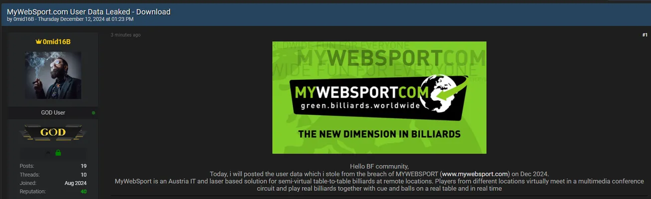 A Threat Actor Claims to have Leaked the Data of MYWEBSPORT