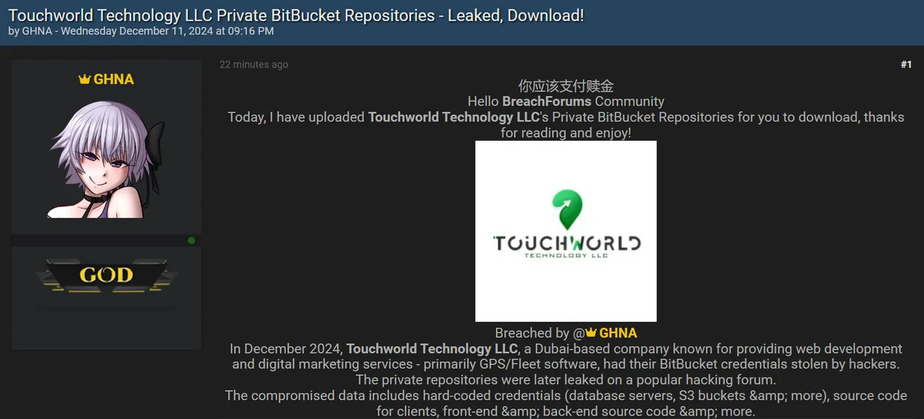 A Threat Actor Has Allegedly Leaked the Data of Touchworld Technology LLC