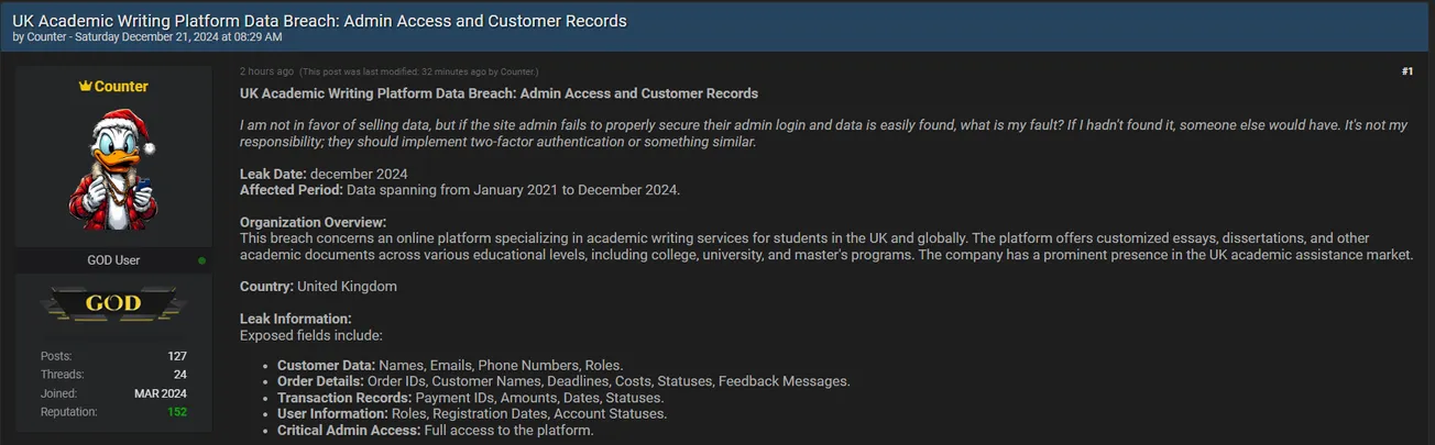 Counter is Allegedly Selling Admin Access and Customer Data of UK Academic Writing Platform