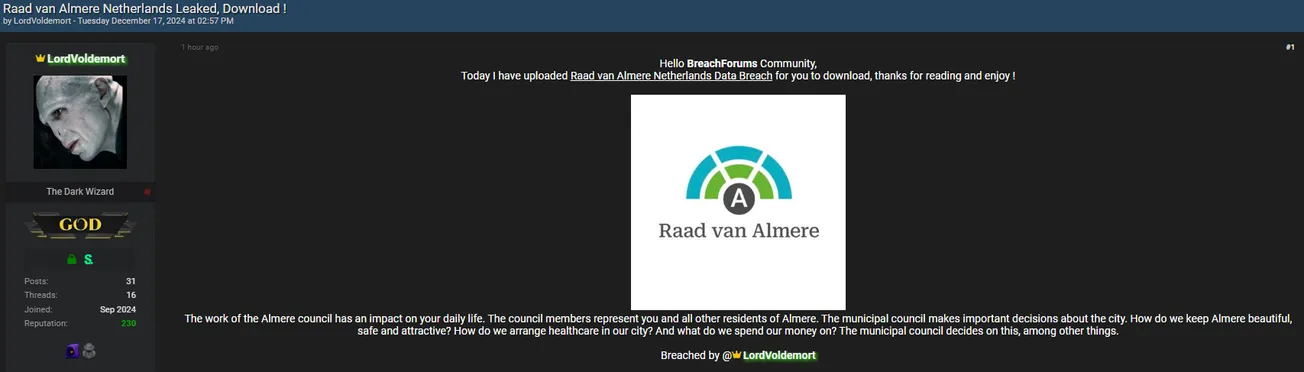 LordVoldemort Claims Have Leaked the Data of Council of Almere
