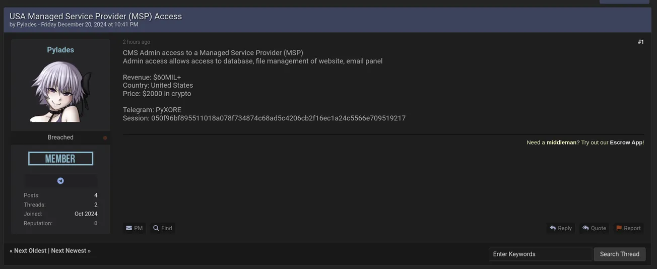 A Threat Actor Claims to be Selling Access to an Unidentified Managed Service Provider (MSP) in the USA