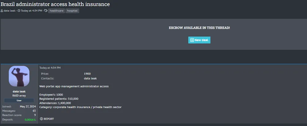Alleged Admin Access Sale to a Brazilian Health Insurance Organization