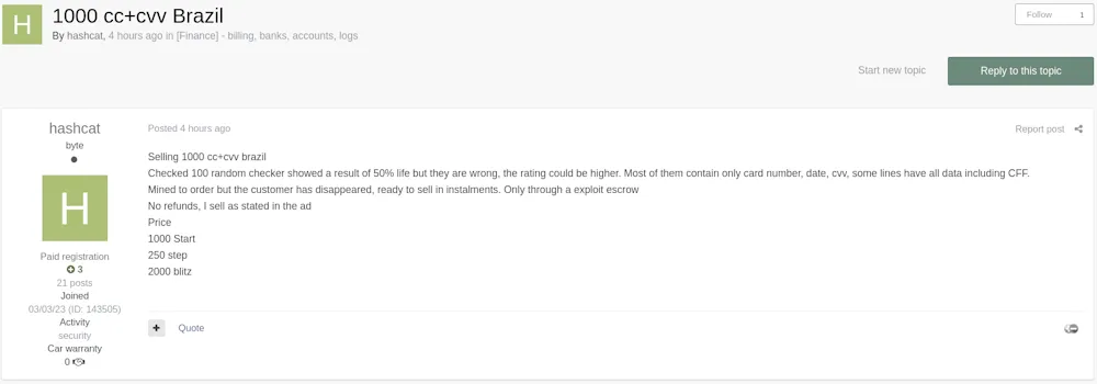 A Threat Actor Claims to be Selling 1,000 Credit Card and CVV Data in Brazil