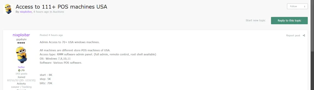 A Threat Actor Claims to be Selling Access to 111+ POS Machines in the USA