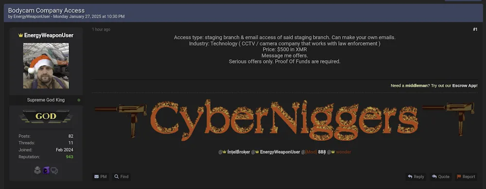 EnergyWeaponUser is Allegedly Selling Access to an Unidentified Bodycam Company
