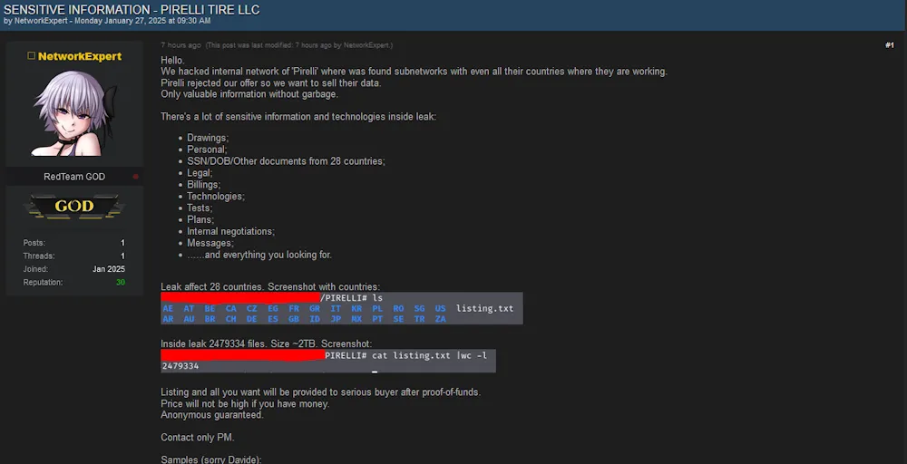 A Threat Actor Claims to have Leaked Sensitive Information of Pirelli Tire LLC