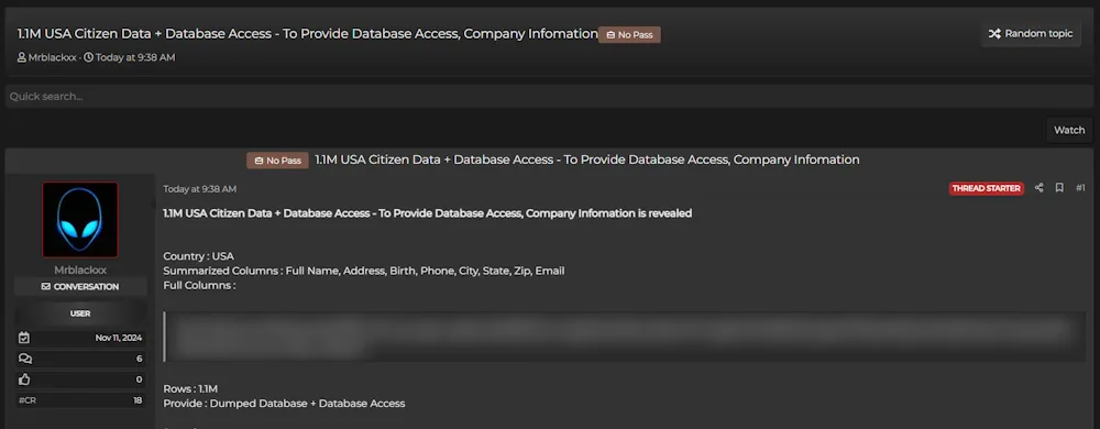 Alleged Data Leak Targeting 1.1M USA Citizen Records