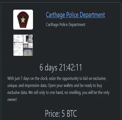 Carthage Police Department Has Fallen Victim to RHYSIDA Ransomware