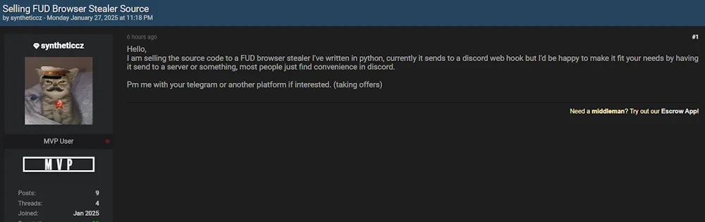 A Threat Actor Claims to be Selling a FUD Browser Stealer