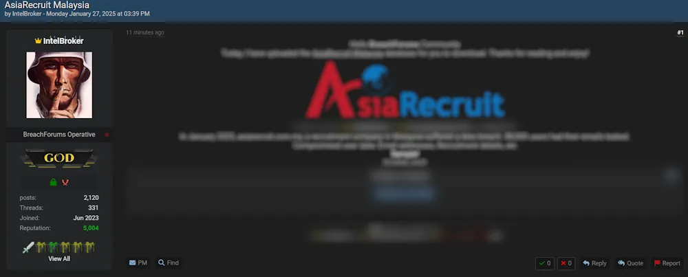 IntelBroker, EnergyWeaponUser, and Alex218 Claim to have Leaked the Data of Asia Recruit Malaysia