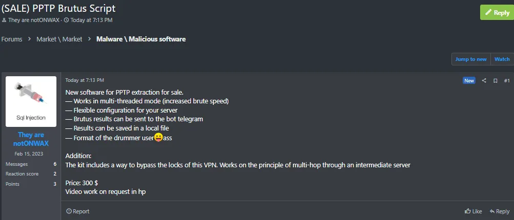A Threat Actor Claims to be Selling a PPTP Brutus Script