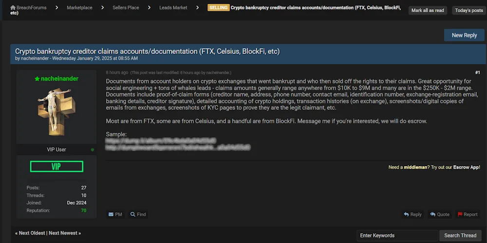 A Threat Actor Claims to be Selling Multiple Bankruptcy Crypto Account Leads Data