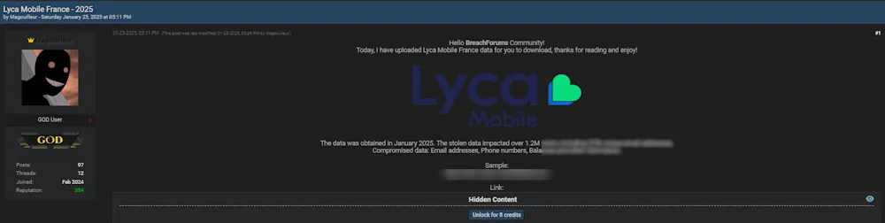 A Threat Actor Claims to have Leaked the Data of Lyca Mobile France