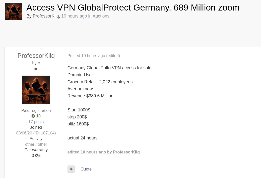 A Threat Actor Claims to be Selling VPN Access to an Unidentified Retail Industry in Germany