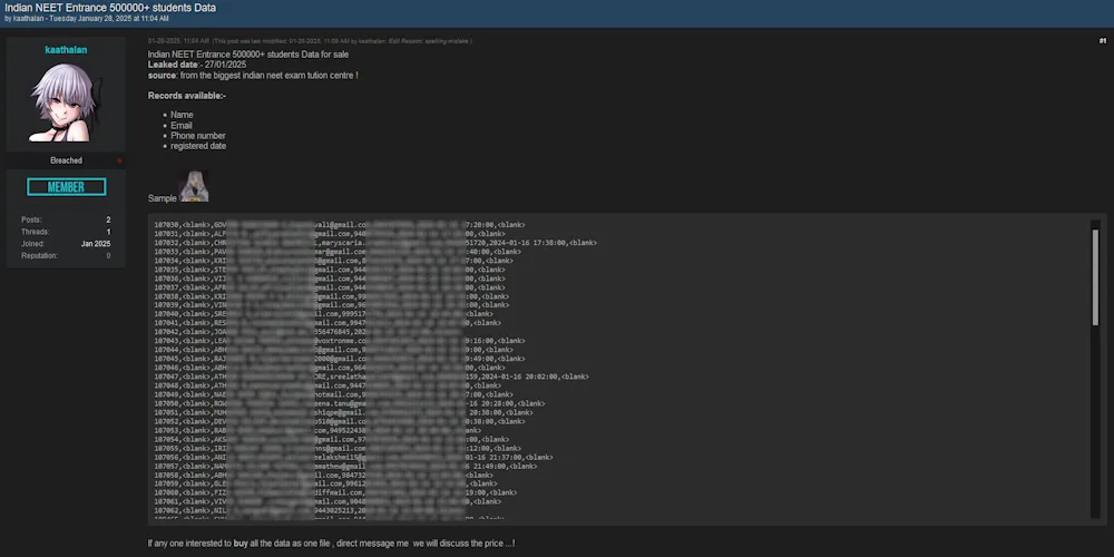 A Threat Actor claims to be Selling Data of an Unidentified Indian NEET Tuition Centre