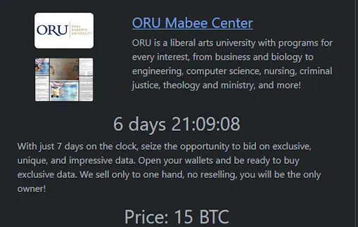 Oral Roberts University Mabee Center Has Been Claimed a Victim to RHYSIDA Ransomware