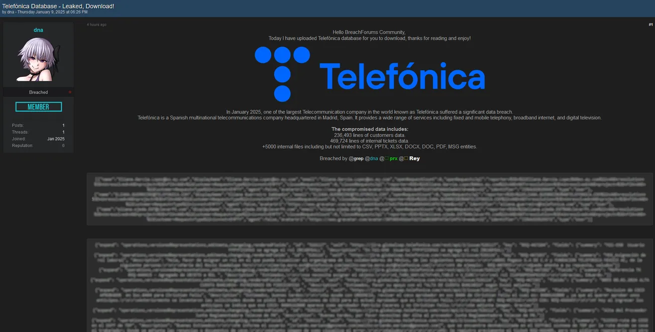 Telefónica Database Allegedly Leaked by Threat Actors DNA, grep, prx, and Rey