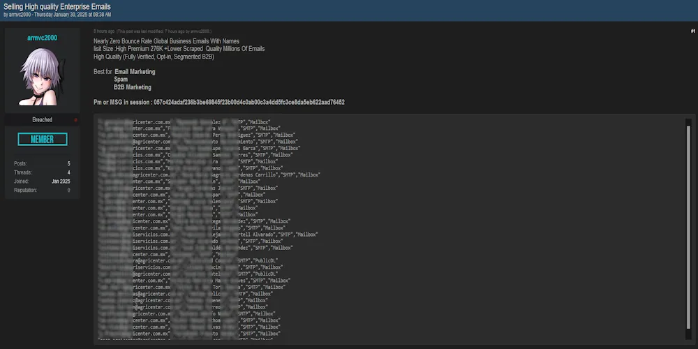 A Threat Actor Claims to be Selling "High Quality" Enterprise Emails