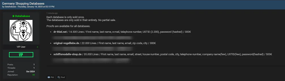 A Threat Actor is Allegedly Selling the Data of Multiple German Shopping Databases