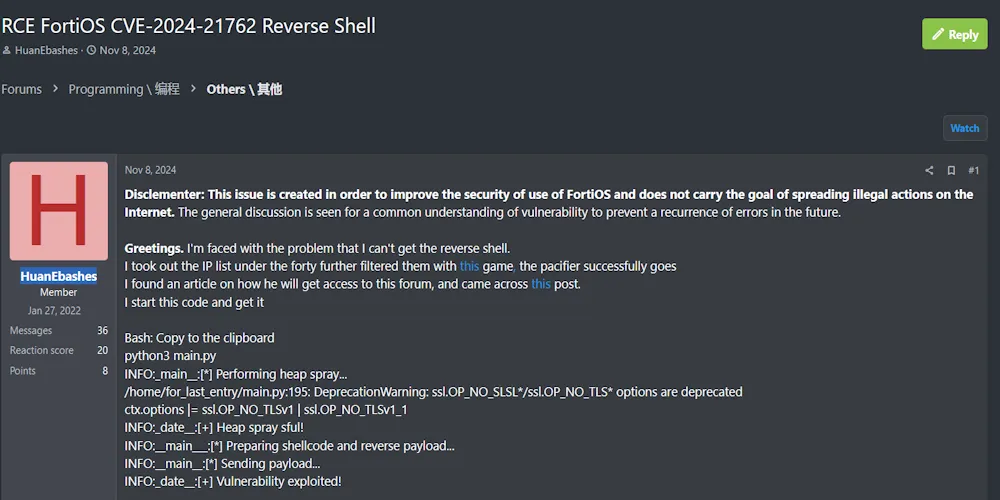 A Threat Actor Claims to be Selling a RCE FortiOS Vulnerability