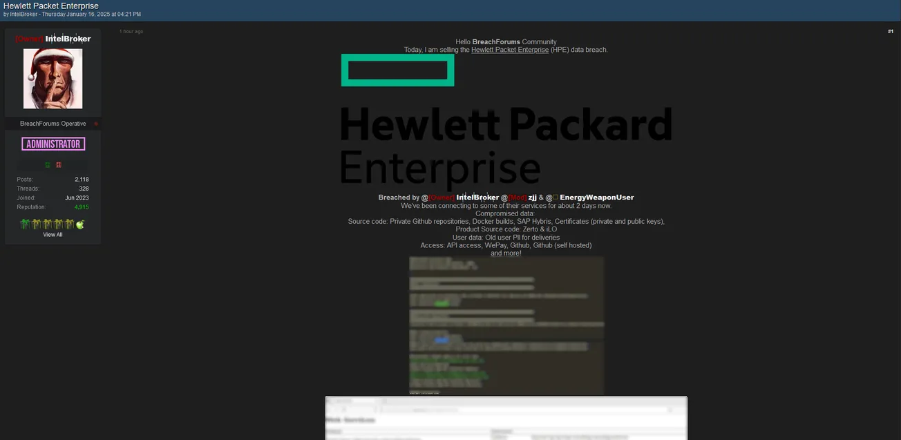 IntelBroker, zjj, and EnergyWeaponUser are Allegedly Selling the Data of Hewlett Packard Enterprise (HPE)