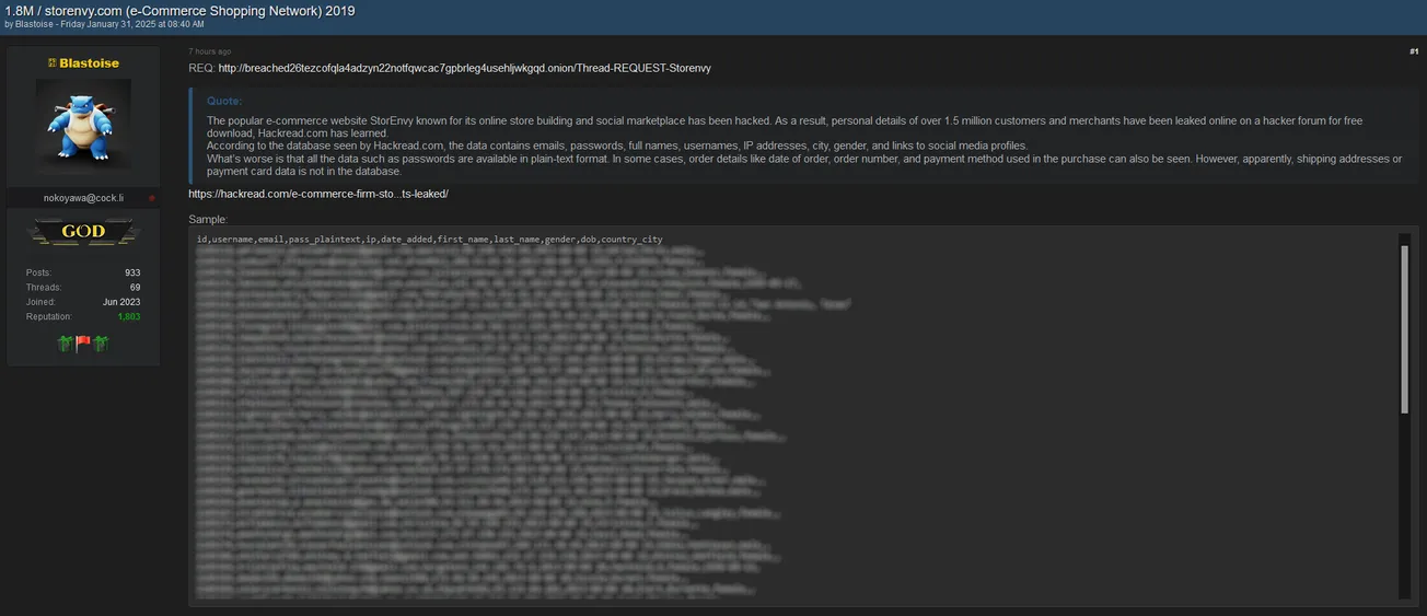Blastoise Claims to have Leaked Data from the 2019 Data Breach of Storenvy