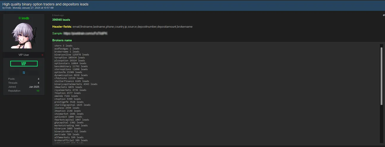 A Threat Actor Claims to be Selling Multiple Traders Leads Data