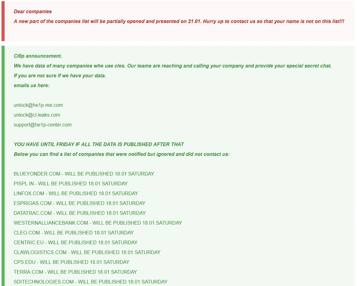 Cl0p Ransomware Releases a List of Companies Related to the Cleo Exploit