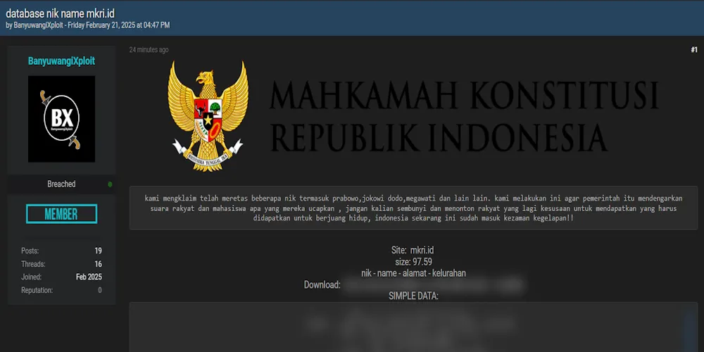 A Threat Actor Claims to have Leaked the Data of Constitutional Court of Indonesia