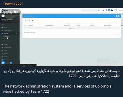 Team 1722 Defaced The network administration system and IT services of Colombia