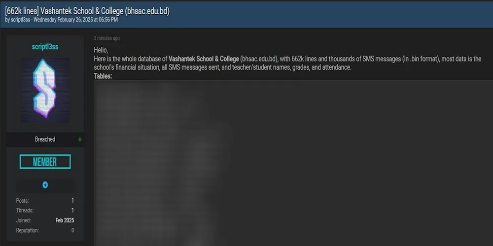 A Threat Actor Claims to have Leaked the Data of Vashantek School & College