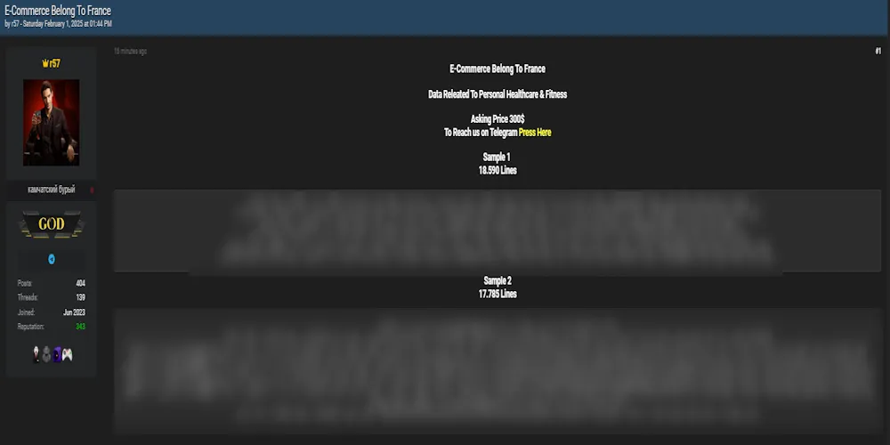 r57 Claims to be Selling Data of an Unidentified French E-commerce Platform