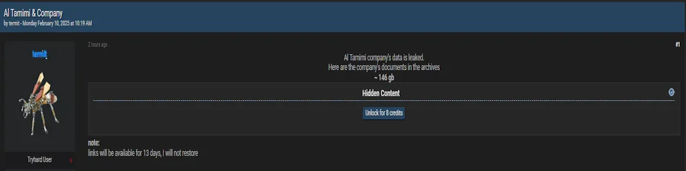 A Threat Actor Claims to have Leaked the Data of Al Tamimi & Company
