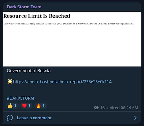 Dark Storm Team Targeted the Website of Bosnia and Herzegovina government