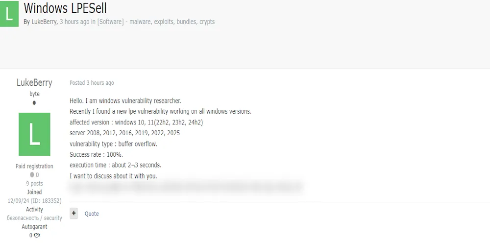 A Threat Actor is Claiming to Sell a LPE Vulnerability in Multiple Windows Systems
