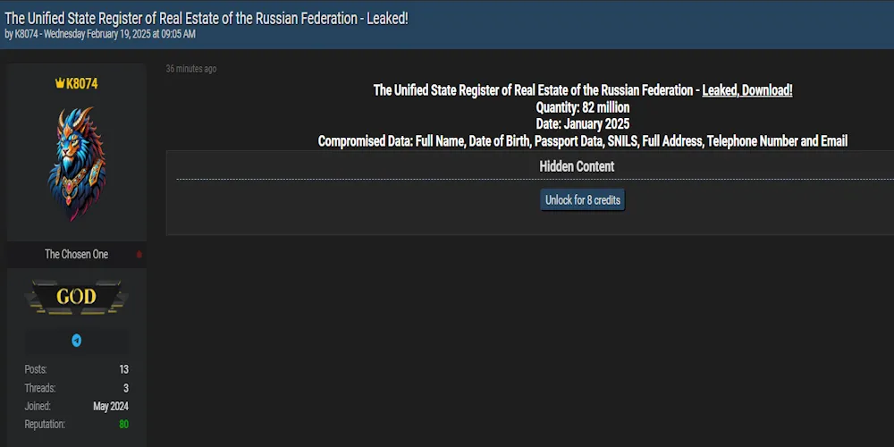 A Threat Actor Claims to have Leaked The Unified State Register of Real Estate of the Russian Federation