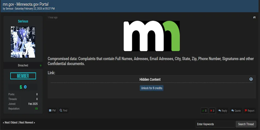 A Threat Actor Claims to have Leaked Data of Minnesota's Government Services