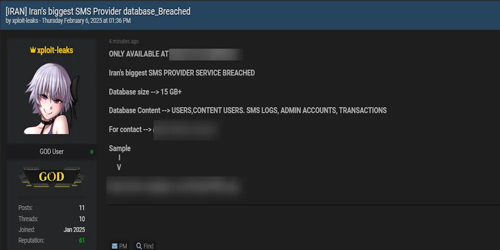 A Threat Actor Claims to be Selling the Data of an Unidentified SMS Provider in Iran